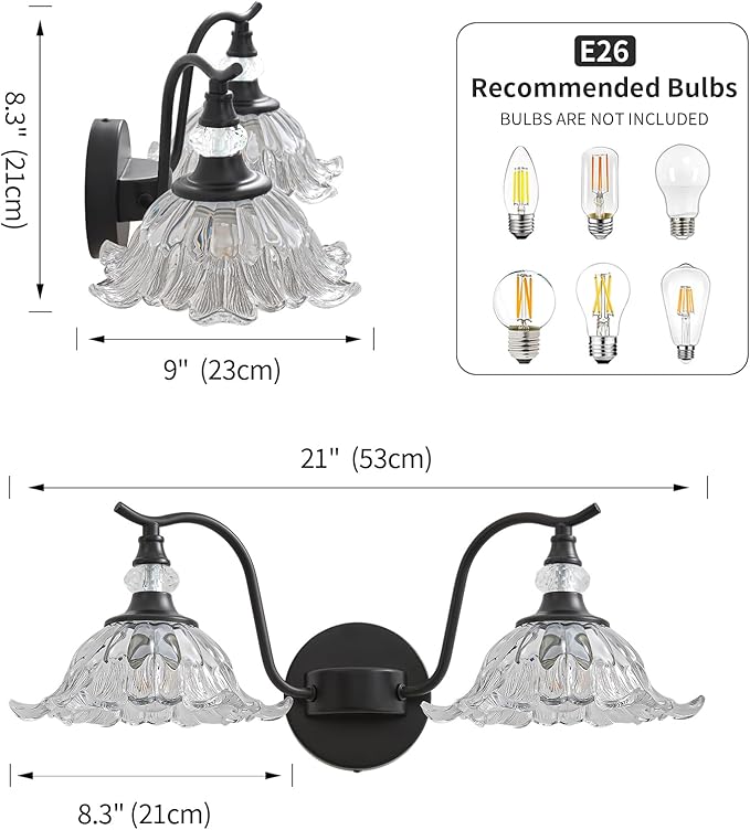 Vintage Bathroom Vanity Light Fixtures - 2 Light Antique Matte Black Bathroom Lights Fixture Over Mirror with Clear Flower Glass,Retro High End Wall-Mounted Vanity Lighting for Bath Powder Room