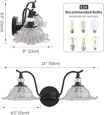 Vintage Bathroom Vanity Light Fixtures - 2 Light Antique Matte Black Bathroom Lights Fixture Over Mirror with Clear Flower Glass,Retro High End Wall-Mounted Vanity Lighting for Bath Powder Room