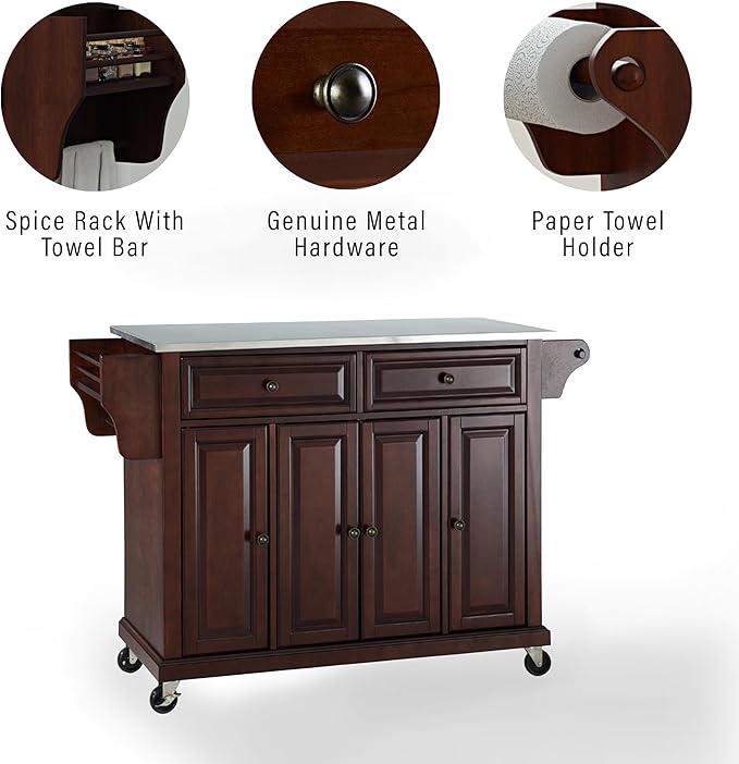 Crosley Furniture Full Size Stainless Steel Rolling Kitchen Island Storage Cart, Microwave Stand, Spice Rack, Mahogany