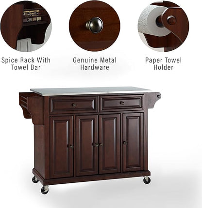 Crosley Furniture Full Size Stainless Steel Rolling Kitchen Island Storage Cart, Microwave Stand, Spice Rack, Mahogany