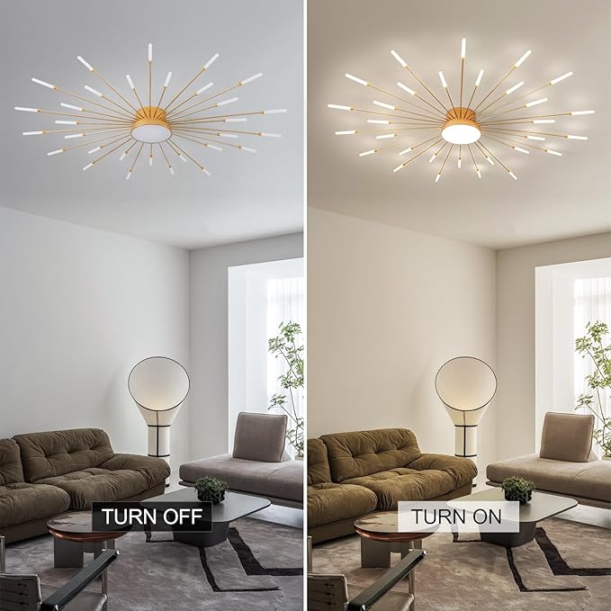 JAYMP 50.4" Ceiling Light Modern Flower Shape Ceiling Lamp for Living Room Dining Room Flush Mount Metal Acrylic Sputnik Firework Petal LED Lighting Fixture (Matte Gold, 30+1 Lights)