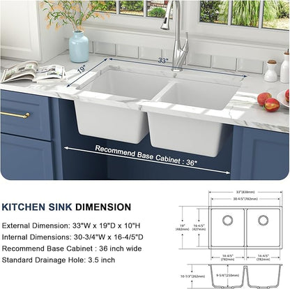 Lordear 33 Inch Granite Composite Kitchen Sink Double Bowl 33"X19" White Undermount 50/50 Quartz Sink With Ledge Classic Under Counter Basin