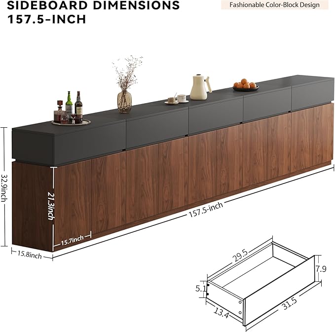 157.5"Buffet Cabinet with Drawer & Door, Console Table, Set of 5 Modular Stackable Sideboard Coffee Bar Cabinet with Adjustable Shelve, Matte Gray Walnut Storage Accent Credenza for Living Room