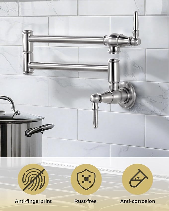 Pot Filler Faucet Brushed Nickel: Solid Brass Wall Mount Heavy Duty Stove Pot Filler with Double Joint Swing Arms - Single Hole Commercial Folding Stretchable Faucet 2 Handles for Kitchen Restaurant