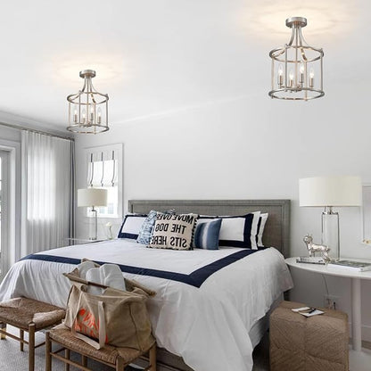 XINGQI Brushed Nickel Semi Flush Mount Ceiling Light Fixture Modern 4 Light Round Small Mini Chandelier Cage Ceiling Lights for Entryway Foyer Hallway 12" Geometric Dining Room Chandelier