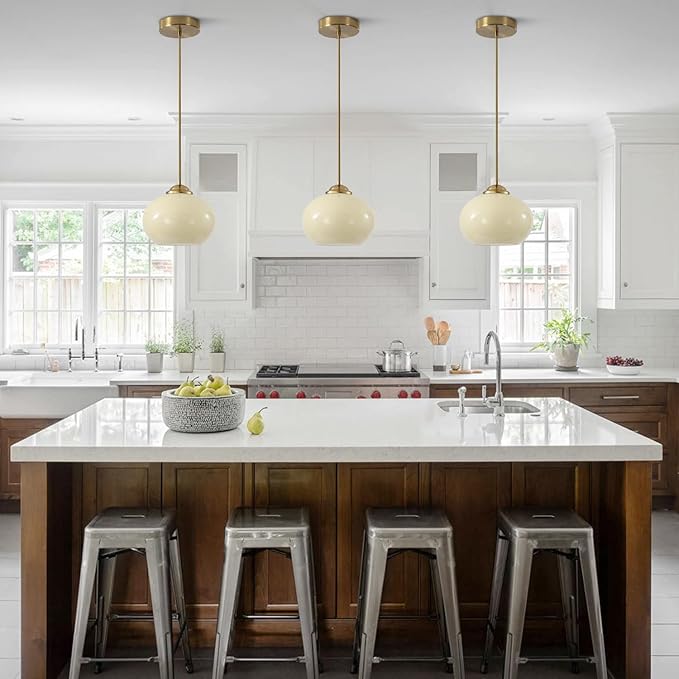 KCO Lighting Gold Kitchen Island Lighting Small Yellow Glass Globe Pendant Light Fixture Brass Hanging Light Fixture for Dining Room Entryway Hallway