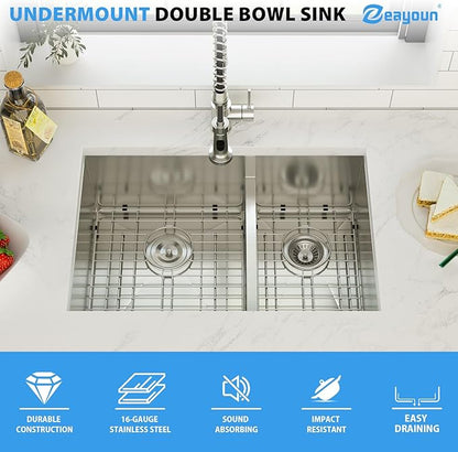 28 Inch Undermount Double Bowl Kitchen Sink 16 Gague 304 Stainless Steel Double Handmade Sinks 60/40 Large Deep Double Bowl Sinks 28"x19"x10"