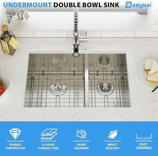 28 Inch Undermount Double Bowl Kitchen Sink 16 Gague 304 Stainless Steel Double Handmade Sinks 60/40 Large Deep Double Bowl Sinks 28"x19"x10"