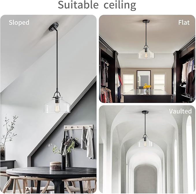WUZUPS Chandelier Rustic Farmhouse Industrial Round Ceiling Pendant LED Light Fixture with Clear Glass Shades for Dining Room Kitchen Island Foyer Entryway, H 9.4" x W 10.6", E26 Base, Black