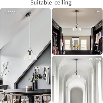 WUZUPS Chandelier Rustic Farmhouse Industrial Round Ceiling Pendant LED Light Fixture with Clear Glass Shades for Dining Room Kitchen Island Foyer Entryway, H 9.4" x W 10.6", E26 Base, Black