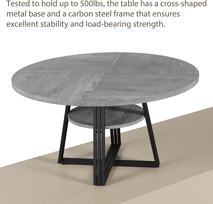 47 Inch Round Dining Table for 4-6, Modern Farmhouse Circle Kitchen Table with Storage Shelf, Metal Cross Base & Adjustable Feet for Dining Room, Apartment, Small Space, Grey