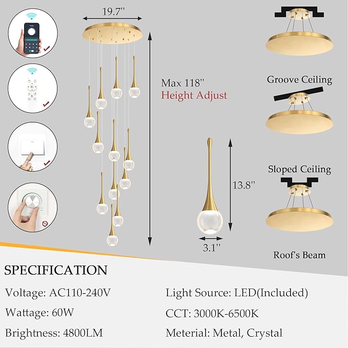 12 Light High Ceiling Crystal Chandelier Dimmable LED Pendant Lights with Remote Adjustable Chandeliers for Foyer Staircase Living Room Gold
