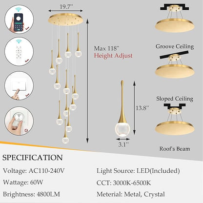 12 Light High Ceiling Crystal Chandelier Dimmable LED Pendant Lights with Remote Adjustable Chandeliers for Foyer Staircase Living Room Gold