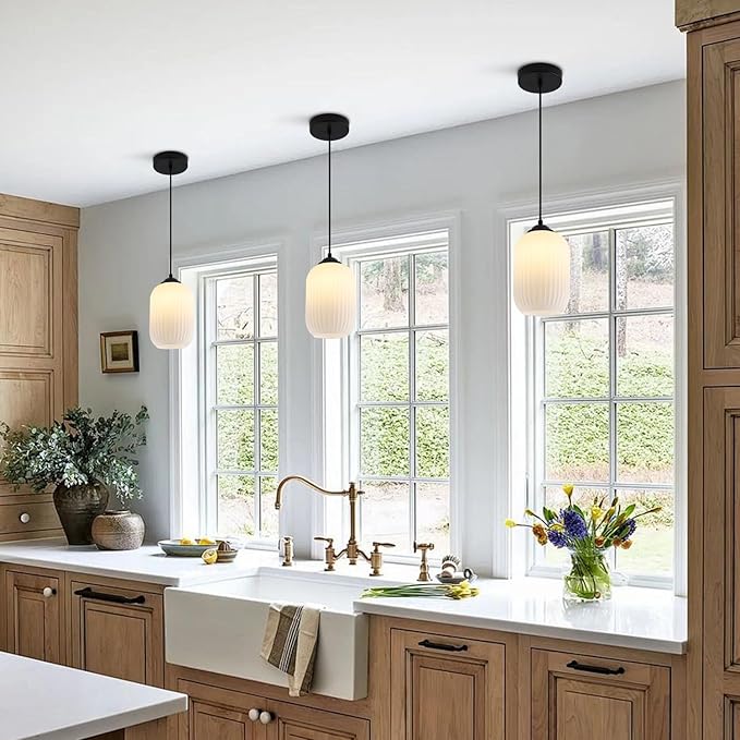 KCO Lighting Small Milk Glass Pendant Lighting Farmhouse Black Pendant Light Mini Glass Pendant Light Small Kitchen Pendant Lighting Over Island Dining Room Hanging Light Fixture (2 Pack)