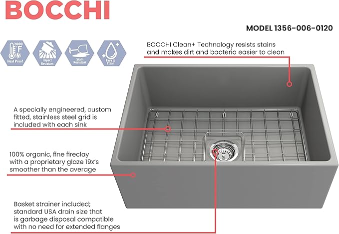 BOCCHI Contempo Farmhouse Apron Front Fireclay 27 in. Single Bowl Kitchen Sink with Protective Bottom Grid and Strainer in Matte Gray