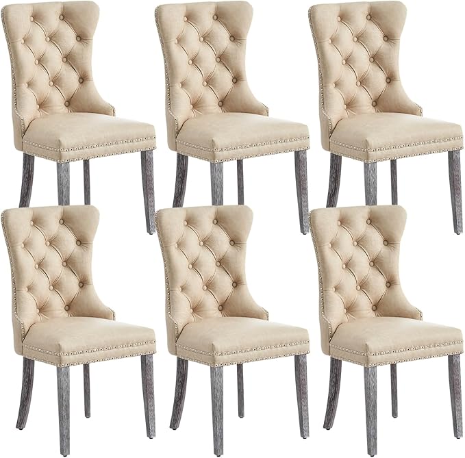Eifizek Leather Dining Chair Set of 6, Dining Room Chairs with Nailhead Ring Pull Trim, Upholstered Dining Chairs with Solid Wood Legs for Kitchen Dining Room (Beige)
