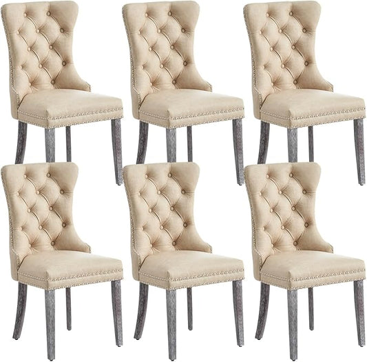 Eifizek Leather Dining Chair Set of 6, Dining Room Chairs with Nailhead Ring Pull Trim, Upholstered Dining Chairs with Solid Wood Legs for Kitchen Dining Room (Beige)