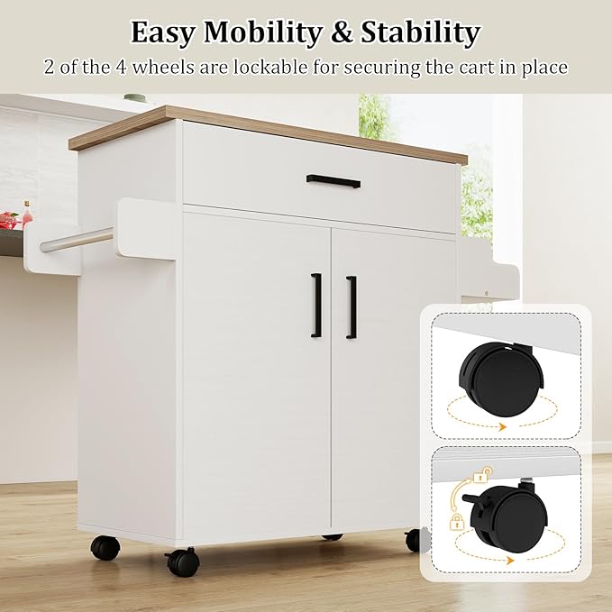 Giantex Kitchen Island with Storage, 41.5" W Rolling Island Table with Cabinet, Drawer, Towel Rack & Spice Rack, Bar Kitchen Cart On Wheels for Living Dining Room, White