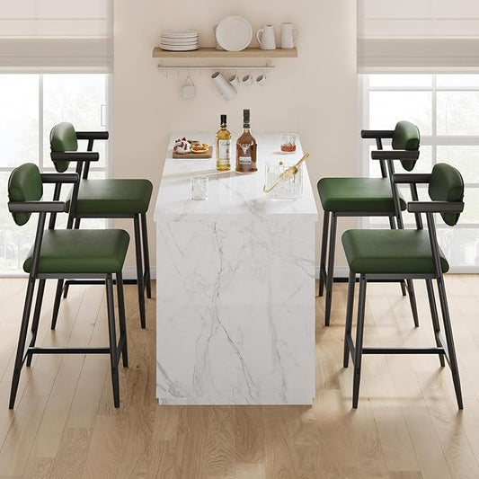 GarveeHome Counter Height Bar Stools Set of 8 with Armrests, 26" Upholstered 8pcs Tall Bar Stools Set, Long Backrest & Extra Thick Cushion, Modern High Barstools for Kitchen Island, Pub, Rustic Green