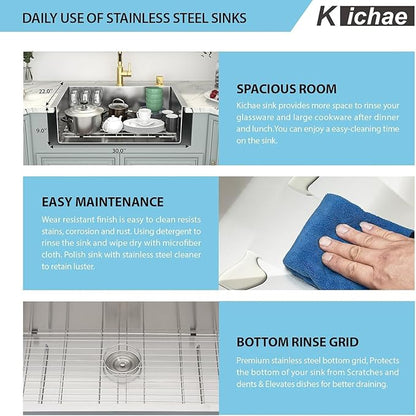 Kichae 30 Inch Drop In Kitchen Sink - Stainless Steel Kitchen Sinks 30x22x9 Inch Topmount Overmount Single Bowl Handmade Basin