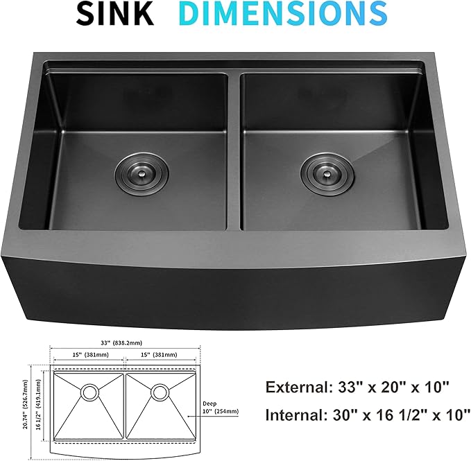 Black Double Farmhouse kitchen Sink,16-Gauge SUS304 Stainless Steel Farm Sinks, 50/50 Apron Front Features Workstaion Sink With Accessories,33''×20''×10" Large and Deep Double Kitchen Sinks