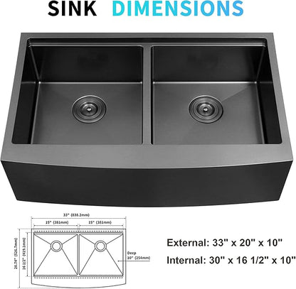 Black Double Farmhouse kitchen Sink,16-Gauge SUS304 Stainless Steel Farm Sinks, 50/50 Apron Front Features Workstaion Sink With Accessories,33''×20''×10" Large and Deep Double Kitchen Sinks