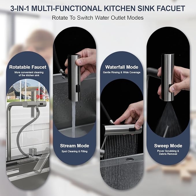 33 Inch Smart Waterfall Kitchen Sink - Beslend 33x19 Stainless Steel Drop In Waterfall Sink Topmount Workstation 16 Gauge Modern Sinks Single Bowl with Faucet, Cup Washer and Digital Display