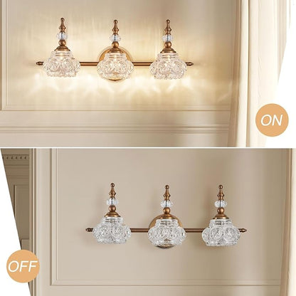 Vintage Vanity Light Fixture, 3 Lights Bathroom Lighting Matte Brushed Antique Brass Finish with Crystal Glass Shade, Vintage Vanity Light for Bathroom Bedroom Living Room