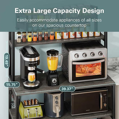 Denkee Large Bakers Rack with Power Outlets, 38 Inch Microwave Stand with Storage, 5-Tier Coffee Bar Stand, Industrial Kitchen Shelf Rack, Grey