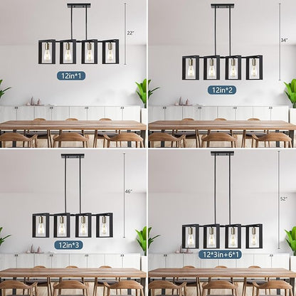 9MMML 4 Lights Wood Chandelier,Industrial Rectangle Linear Dining Room Pendant Light, Black Wood Frame+Gold E26 Socket,Kitchen Island Light for Hallway Bar Pool Table, Height Adjustable