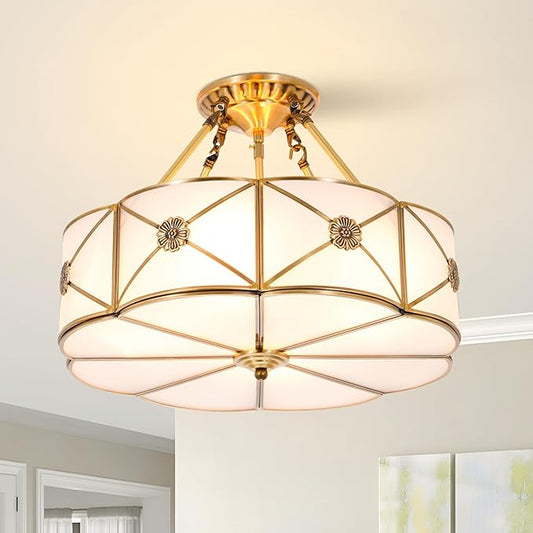 17" Palace Retro Chandelier, 4-Light Vintage Flush Mount Ceiling Lighting Fixture, Farmhouse Gorgeous Gold Metal Pendant Lamp for Dining Room Bedroom Kitchen Island Hallway
