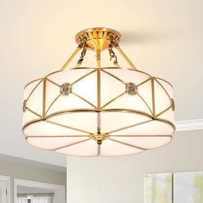 17" Vintage Pendant Light Fixture, 4-Light Semi Flush Mount Ceiling Light, Retro Handmade Glass Ceiling Light Fixture for Foyer Entryway Stairway
