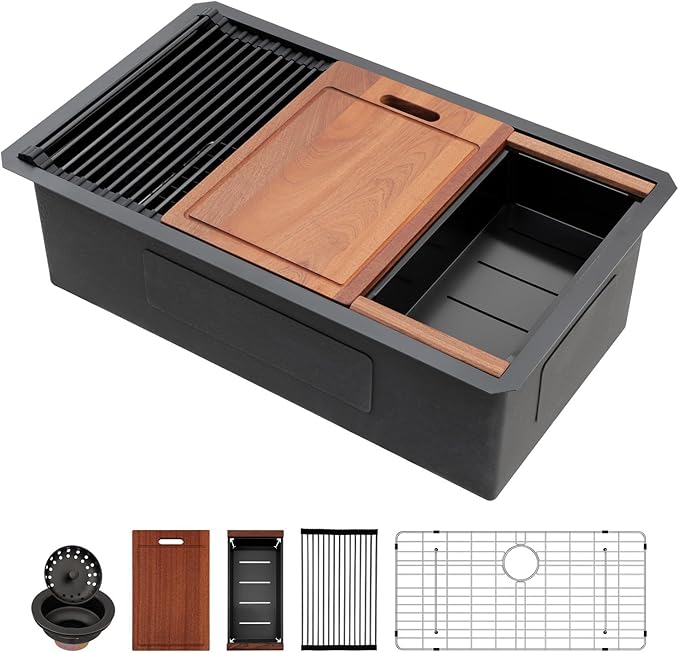 Sarlai 30 Matte Black Undermount Kitchen Sink Workstation - 30x18 Inch Kitchen Sinks with Ledge NANO-Tech Round Corner 16 Gauge Stainless Steel Single Bowl Sink Basin