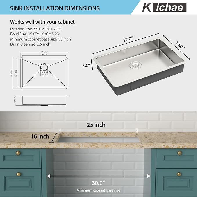 Kichae 27 Inch Undermount Kitchen Sink 27” x18” x5” Kitchen Sink Stainless Steel 16 Gauge Shallow Kitchen Sink Round Corner Handmade Basin