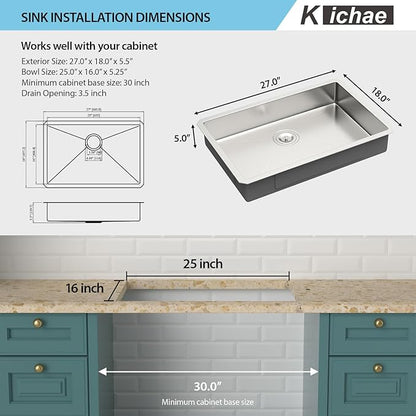 Kichae 27 Inch Undermount Kitchen Sink 27” x18” x5” Kitchen Sink Stainless Steel 16 Gauge Shallow Kitchen Sink Round Corner Handmade Basin