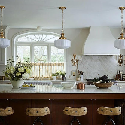 Vintage Brass Milk Glass Pendant Light Fixture, 13.8" White Pleated Glass Chandelier, Antique Pendant Lights, for Kitchen Island Lighting, Hallway, Bedroom, Dining Room, Foyer, E26 Bulb Included