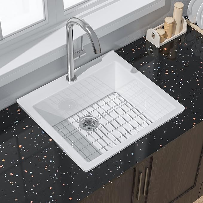 Miuara White Kitchen Sink Drop In 24 Inch 1 Hole - Small Topmount Fireclay Bar Sink 24"x22"x10" Single Bowl, with 2 Custom Accessories, Glossy White, for Kitchen & Laundry & Outdoor & Small Space