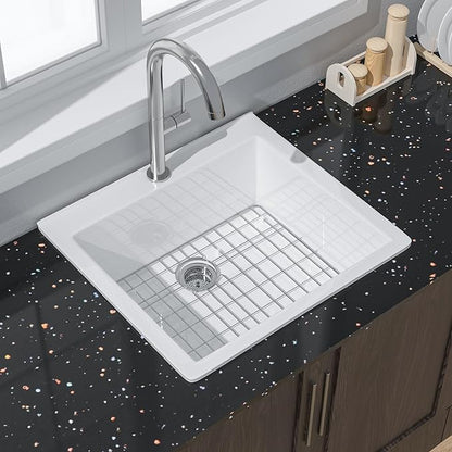 Miuara White Kitchen Sink Drop In 24 Inch 1 Hole - Small Topmount Fireclay Bar Sink 24"x22"x10" Single Bowl, with 2 Custom Accessories, Glossy White, for Kitchen & Laundry & Outdoor & Small Space
