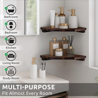 Demigo [Upgraded] Hexagon Corner Floating Shelves Wall Mount (2pcs) – Solid Acacia Wood with Hidden Brackets & Cable Hole – Rustic & Modern Space-Saving Shelves for Bedroom Living Room Office Kitchen