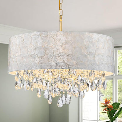 LumFurn X-Large 6-Light Drum Capiz Shell Crystal Chandeliers, Coastal Style Pendant Light Fixture for Dining Room, Living Room, D24 x H23~71 inch(Adjustable), Shell Lampshade & Gold Finish