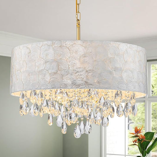 LumFurn X-Large 6-Light Drum Capiz Shell Crystal Chandeliers, Coastal Style Pendant Light Fixture for Dining Room, Living Room, D24 x H23~71 inch(Adjustable), Shell Lampshade & Gold Finish