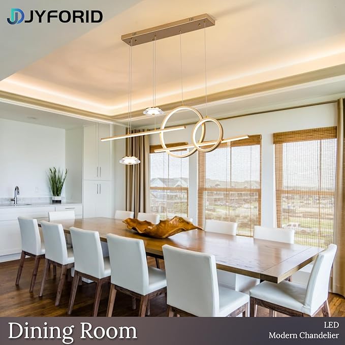 Modern Gold LED Dining Room Light Fixture with Remote Control, 38.5" 38W 3-Color Temp Stepless Dimmable Island Pendant Lights, Hanging Adjustable Linear Chandelier for Kitchen Bar