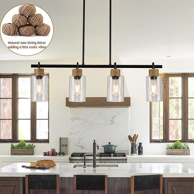 Black Pendant Lights Kitchen Island, Farmhouse Chandeliers for Dining Room, Linear Island Lights with Jute Rope & Clear Glass Shades(Black 4 Light)