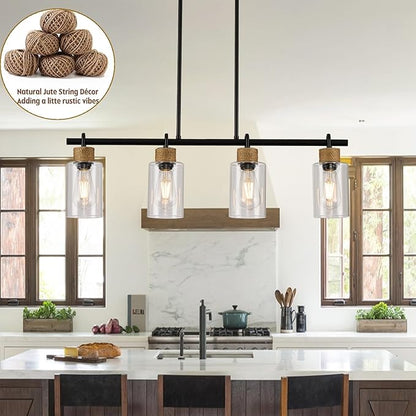 Black Pendant Lights Kitchen Island, Farmhouse Chandeliers for Dining Room, Linear Island Lights with Jute Rope & Clear Glass Shades(Black 4 Light)