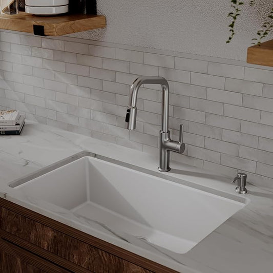 Karran Stalbridge Pull-Down Kitchen Faucet, Single Handle High Arc Design, 3-Function Blade Spray, Spot-Resistant Finish Options (Spot Free Stainless Steel)