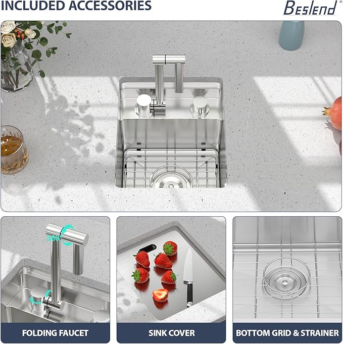 13 Inch Stainless Steel Outdoor Prep Sink - Beslend 16 Gauge Undermount Bar Sink with Folding Faucet & Cover, Waterproof for Indoor/Outdoor Kitchen, Grill Station, Poolside,13x15x9 In