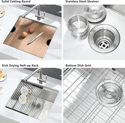 21 Inch Bar Sink Undermount-VASOYO 21x17 Inch Undermount Kitchen Sink Workstation Wet Bar Prep 16 Gauge Stainless Steel Single Bowl Under Mount Rv Sinks with Cutting Board
