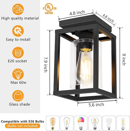 Baocuz 2 Pack Semi Flush Mount Ceiling Light Fixture, Black Metal Frame Porch Ceiling Light Fixture with Clear Glass Shade and E26 Ceramic Base, Farmhouse Light Fixtures for Kitchen Entryway Foyer