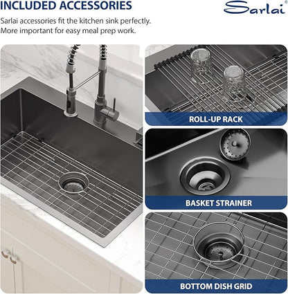 Sarlai 33 Black Kitchen Sink Drop In - 33x22 Inch Kitchen Sink Topmount Gunmetal Black 16 Gauge Stainless Steel Single Bowl Above Counter Rectangular Sinks Basin