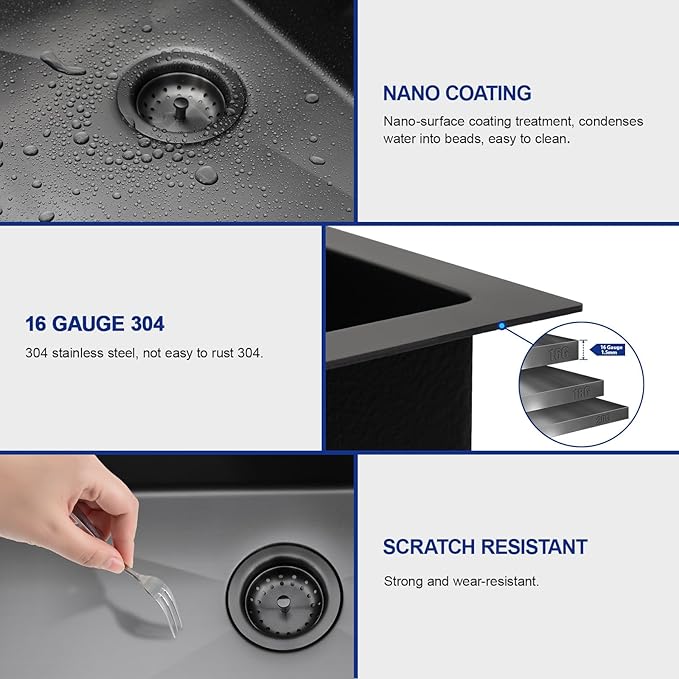 Dcolora 33 Inch Black Kitchen Sink -33×22 Drop In Kitchen Sink With Faucet Topmount Stainless Steel Sinks Overmount Single Bowl Workstation Nano Coating Surface,DC-SFDOE00005